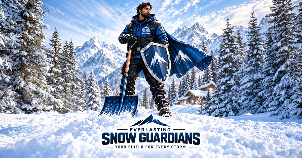 Everlasting Snow Guardians original brand artwork: the Guardian mascot with a shield and shovel in a snowy mountain landscape